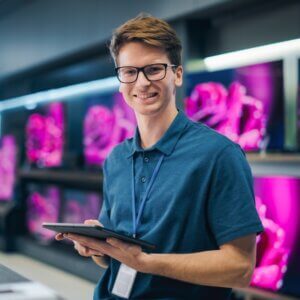 Portrait of an Organized Handsome Assistant in Home Electronics Store Optimizing Workflows with Tablet Computer. Young Happy Team Member Looking at Camera and Smiling